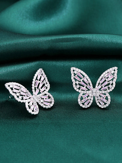 Yellow Chimes Silver-Toned & Pink Quirky Butterfly Studs Earrings