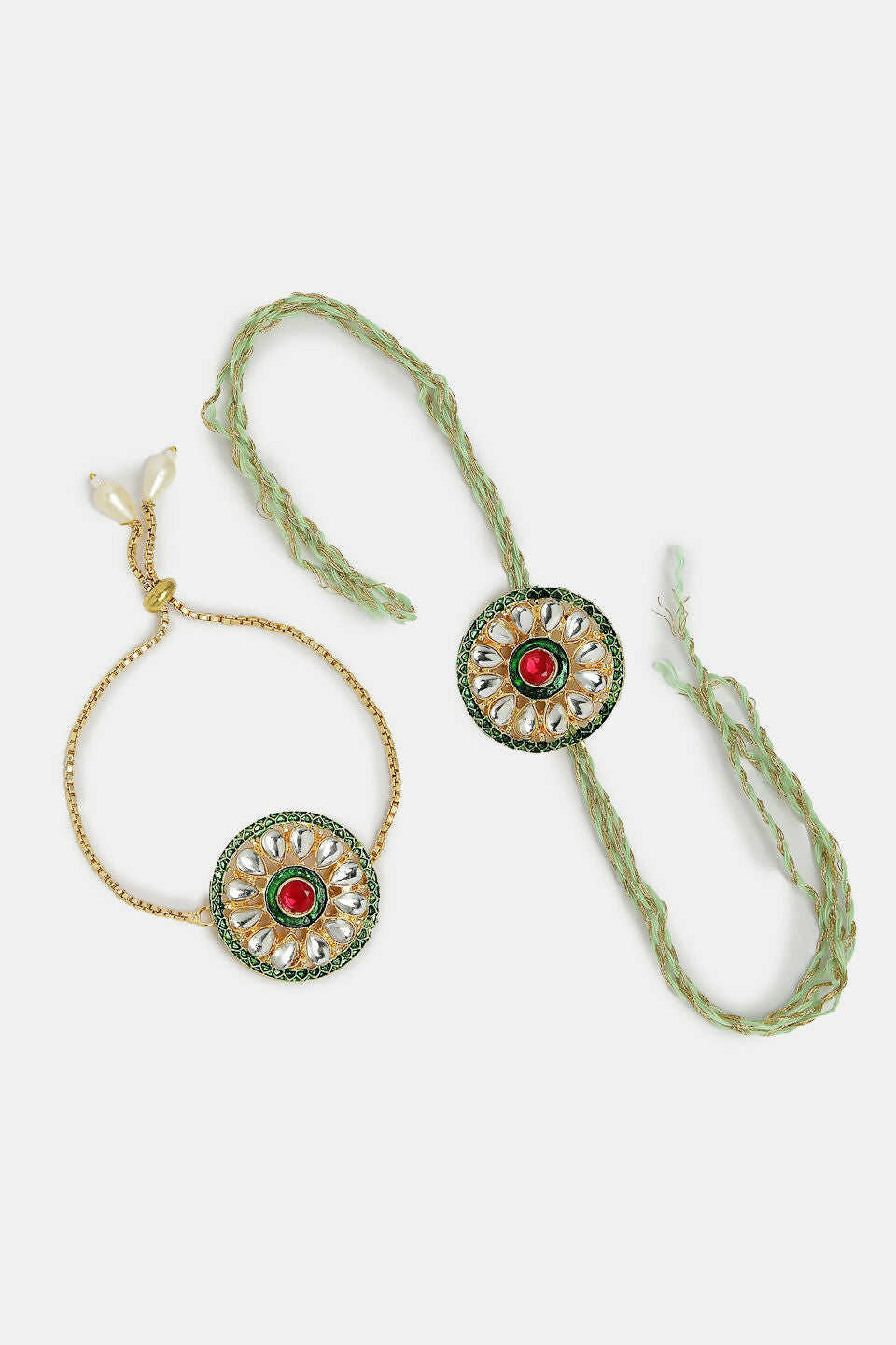 NVR Women & Men Set of 2 Gold Kundan-Studded Handcrafted Wraparound Rakhi Set With Roli Chawal