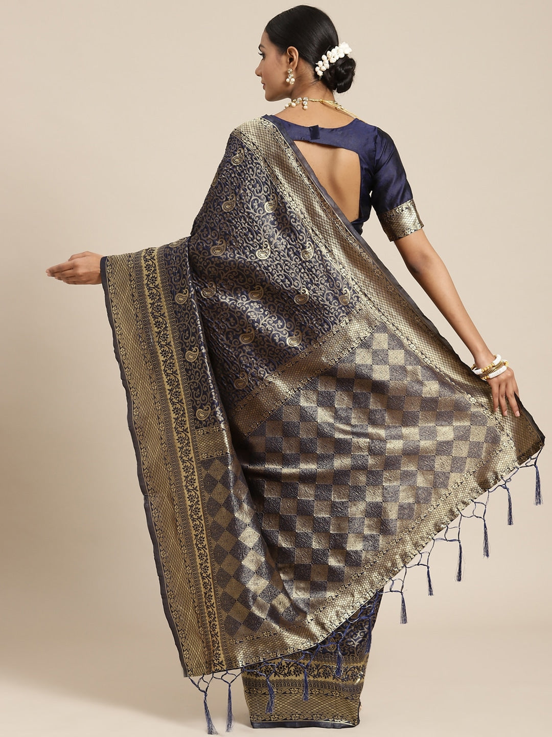 Saree Mall Navy Blue & Gold-Toned Ethnic Motifs Zari Silk Blend Banarasi Sarees