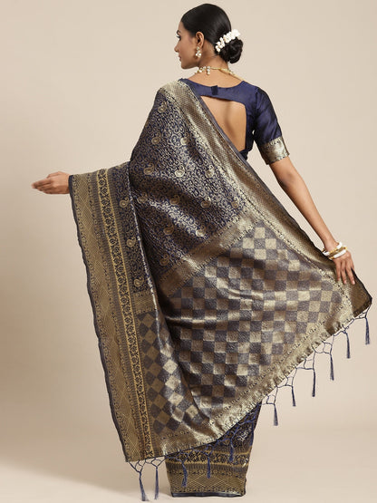 Saree Mall Navy Blue & Gold-Toned Ethnic Motifs Zari Silk Blend Banarasi Sarees
