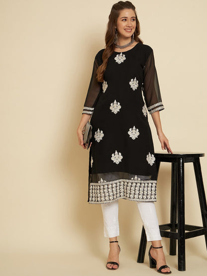 HERE&NOW Black & White Ethnic Motifs Chikankari Embroidered Georgette Kurta
