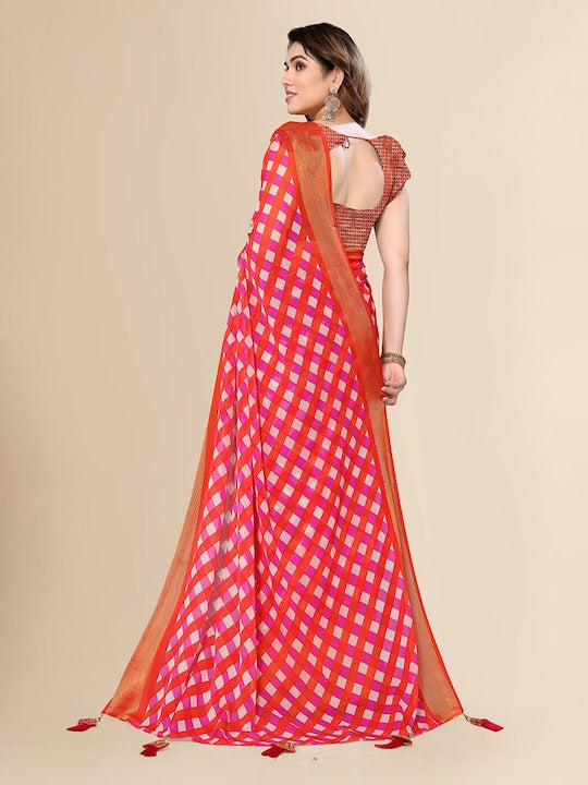 Fabmora Checked Zari Pure Chiffon Saree