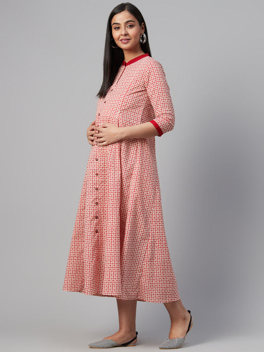 Anayna Women White & Red Printed Maternity A-Line Dress