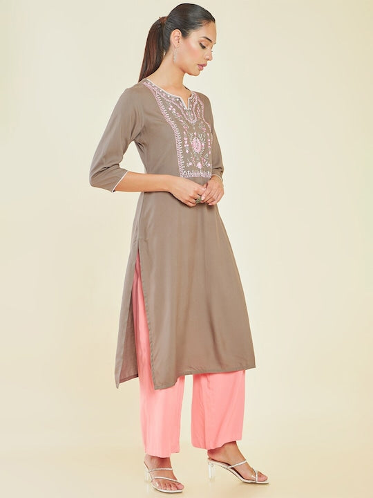 Soch Beige & Pink Notched Neck Floral Embroidered Straight Kurta