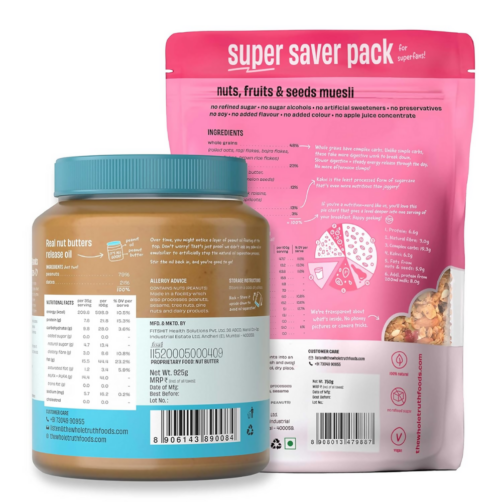 The Whole Truth Peanut Butter with Dates Crunchy + Nuts Fruits and Seeds Muesli - Breakfast