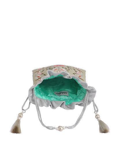 Masq Green & Pink Embellished Embroidered Potli Clutch