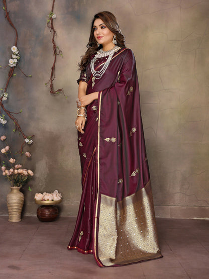Joban Fashion Maroon Floral & Botanical Motifs Satin Silk Banarasi Silk Saree