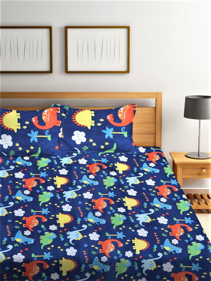 Home Sizzler Blue & Yellow Printed 210 TC Bedsheet with Pillow Covers