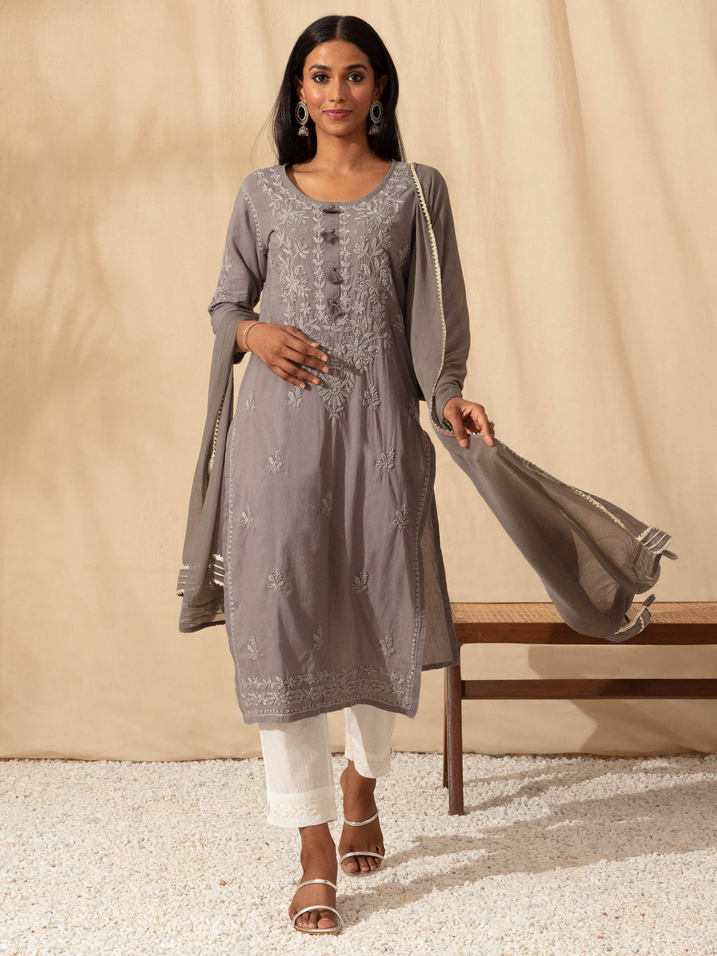 Likha Grey Kurta Palazzo Dupatta Set with Tonal Chikankari Embroidery LIKSKD276 (Set of 2)