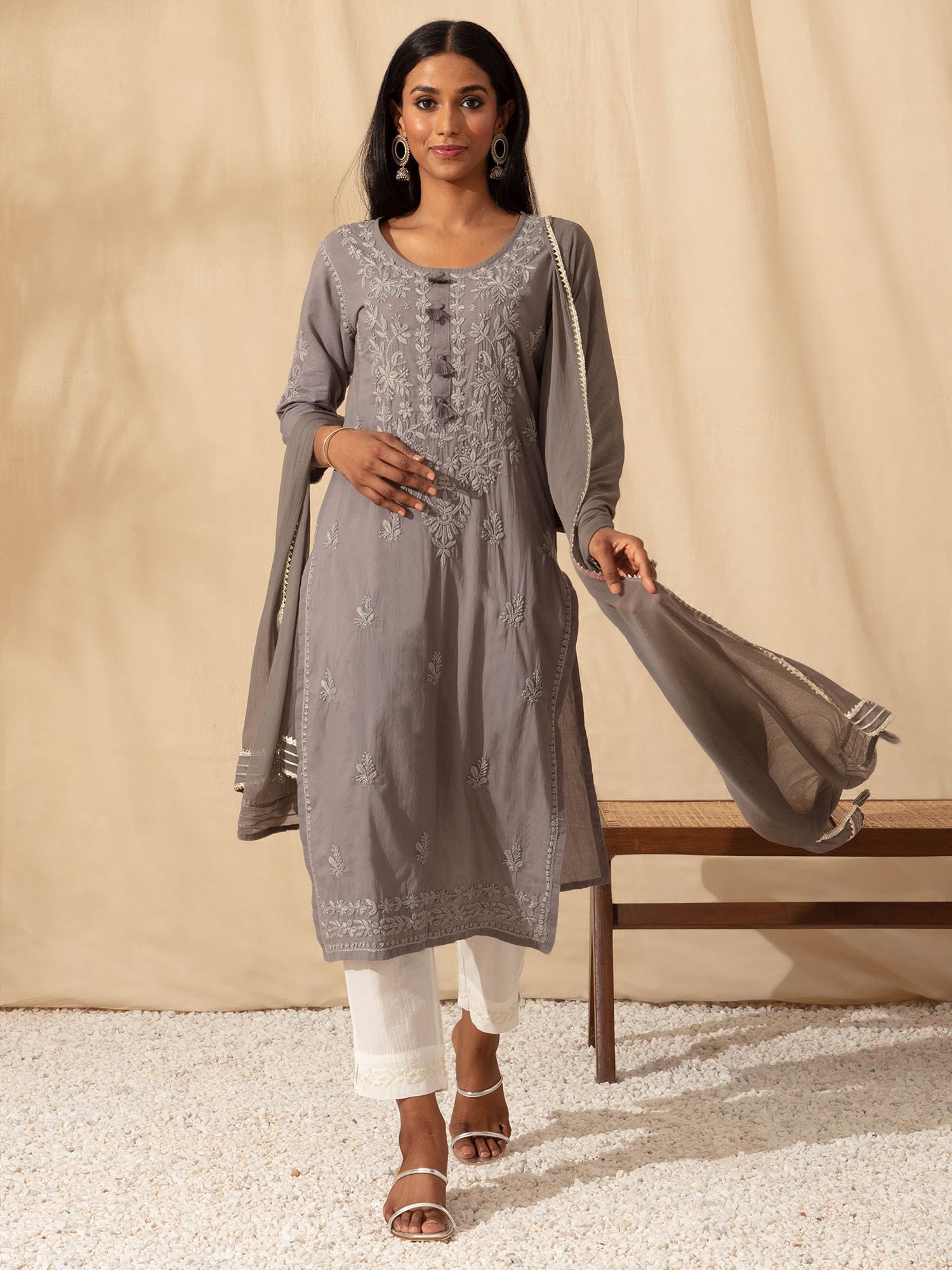Likha Grey Kurta Palazzo Dupatta Set with Tonal Chikankari Embroidery LIKSKD276 (Set of 2)