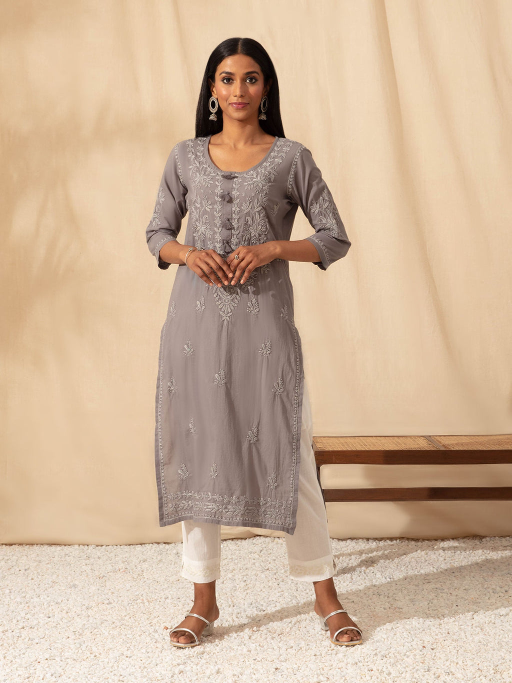 Likha Grey Kurta Palazzo Dupatta Set with Tonal Chikankari Embroidery LIKSKD276 (Set of 2)
