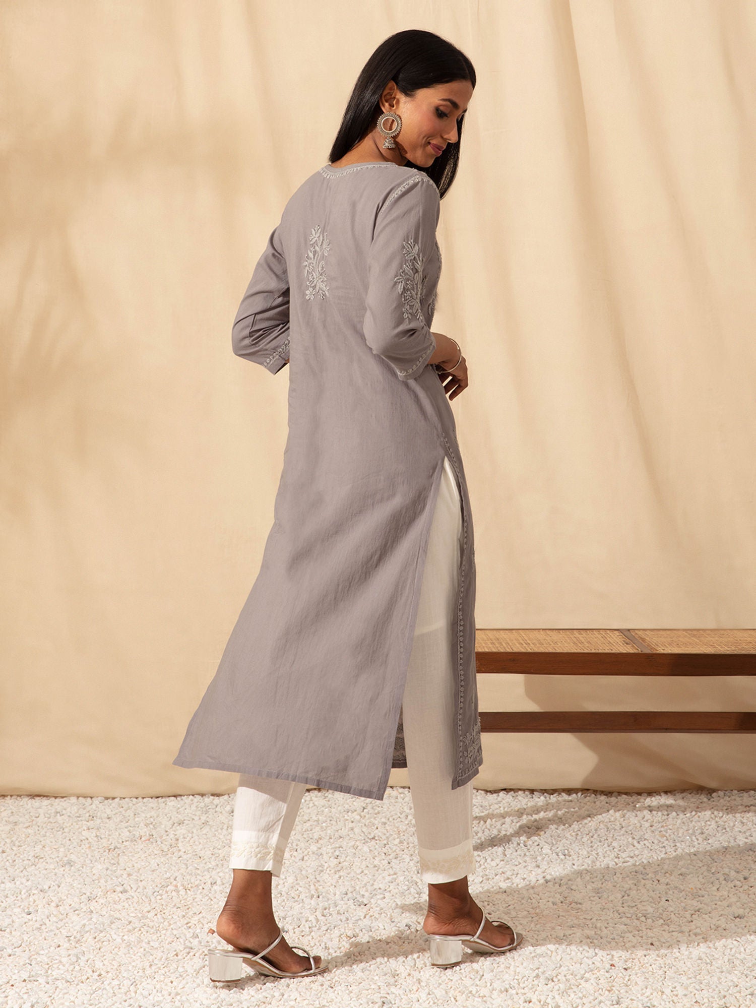 Likha Grey Kurta Palazzo Dupatta Set with Tonal Chikankari Embroidery LIKSKD276 (Set of 2)