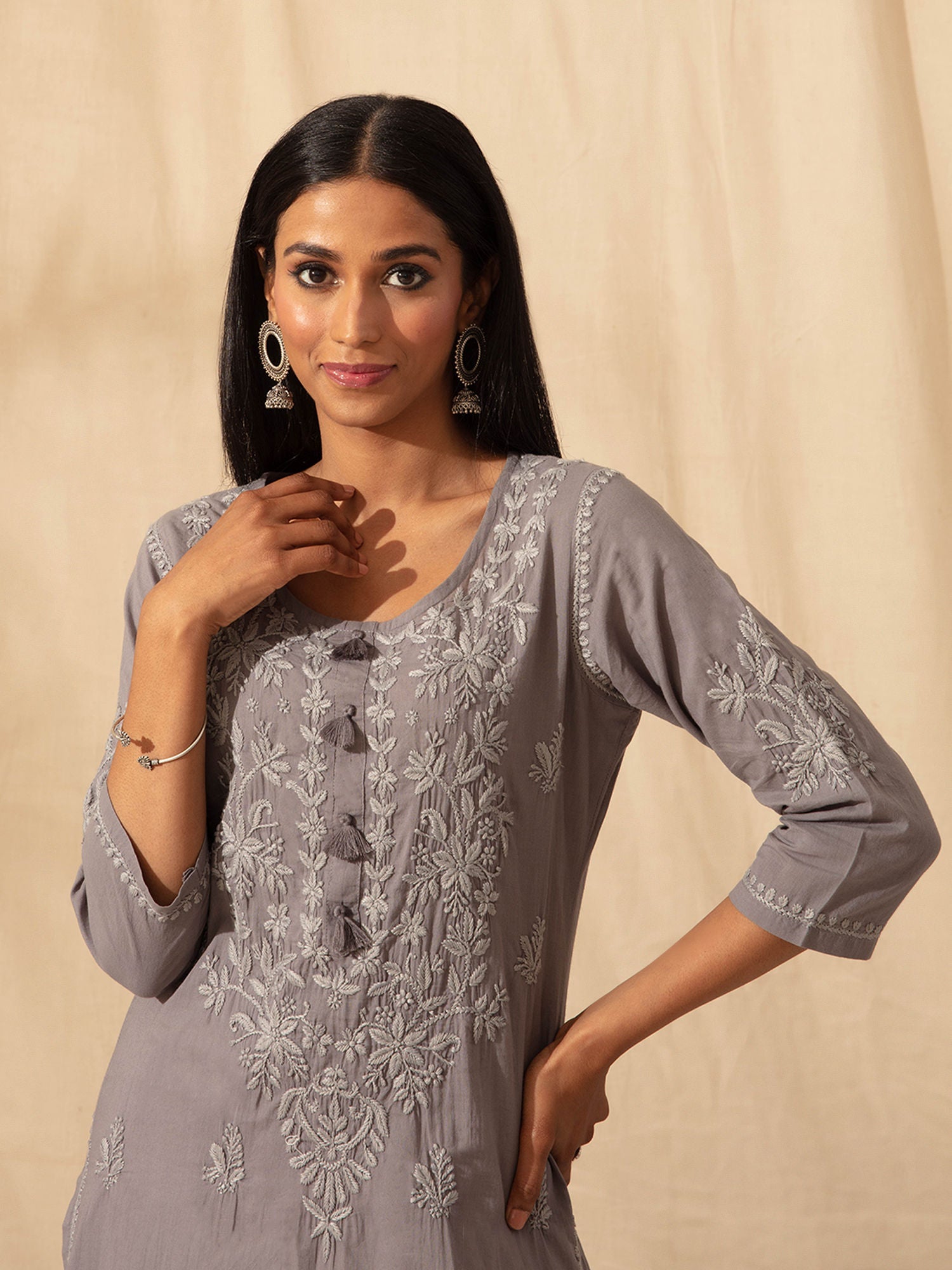 Likha Grey Kurta Palazzo Dupatta Set with Tonal Chikankari Embroidery LIKSKD276 (Set of 2)