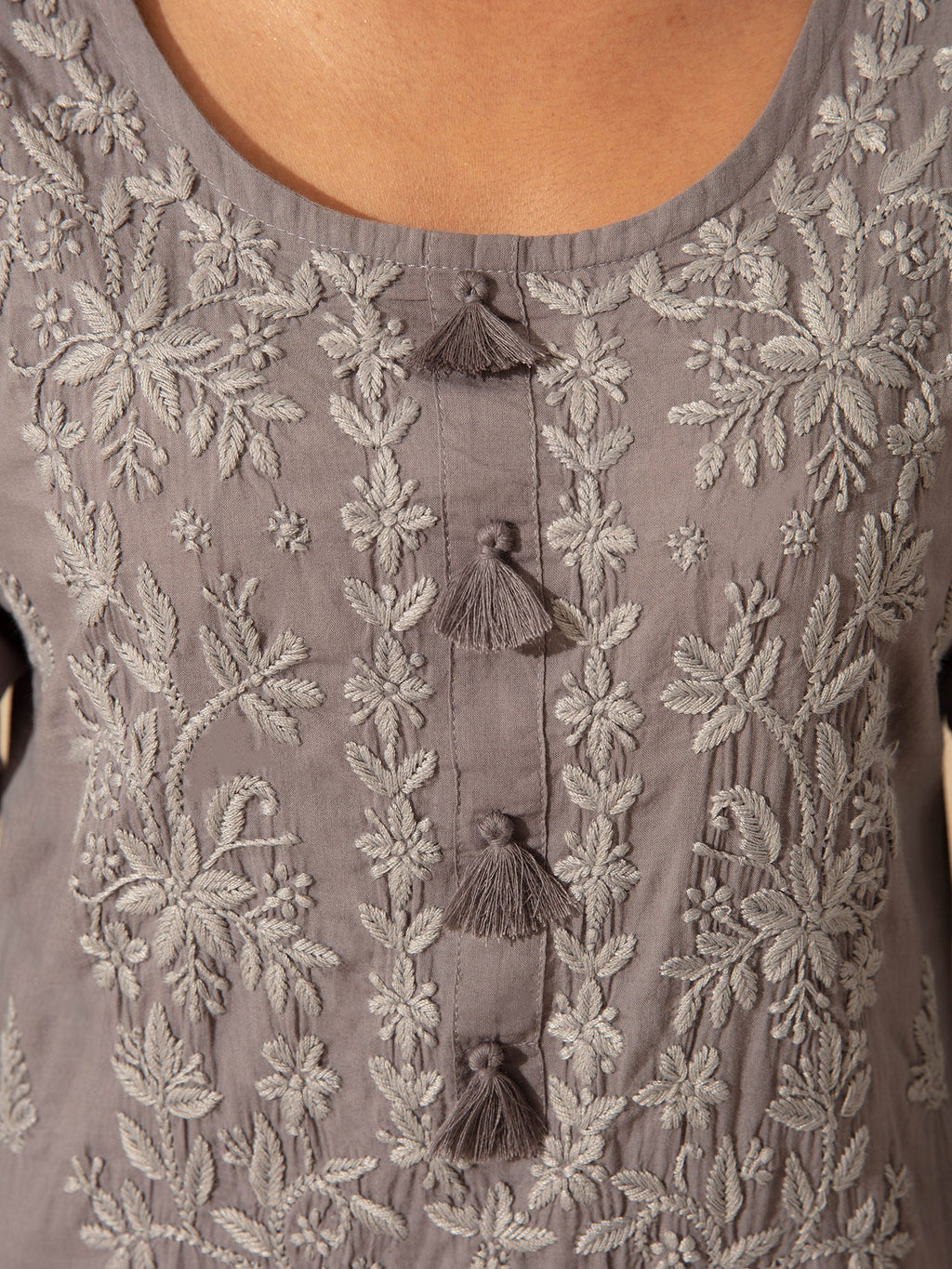 Likha Grey Kurta Palazzo Dupatta Set with Tonal Chikankari Embroidery LIKSKD276 (Set of 2)