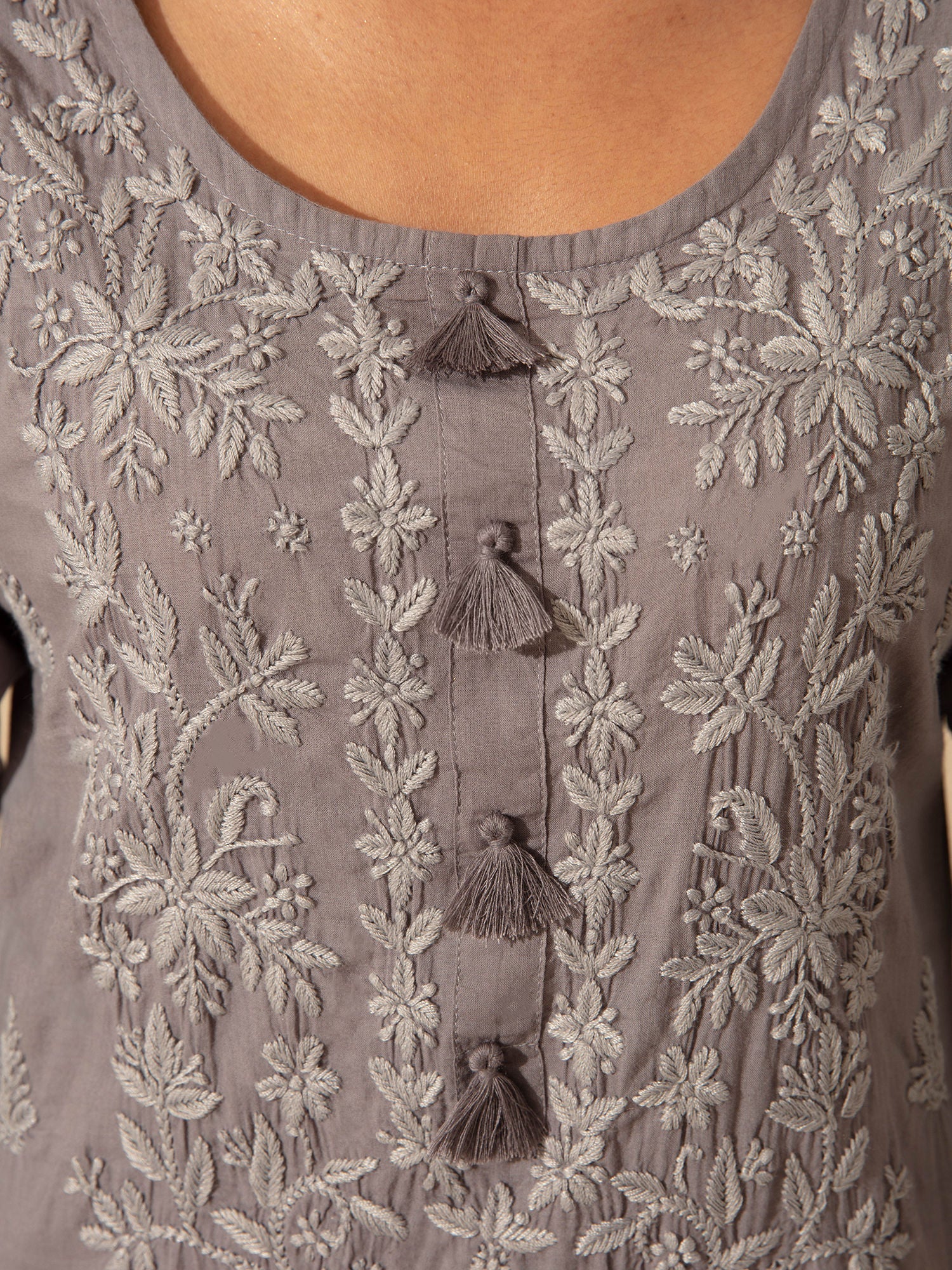 Likha Grey Kurta Palazzo Dupatta Set with Tonal Chikankari Embroidery LIKSKD276 (Set of 2)