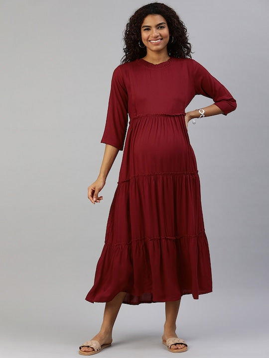 MomToBe Women Maroon Solid Maternity Nursing Maxi Dress
