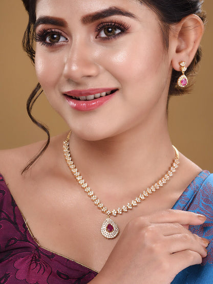 Saraf RS Jewellery Gold-Polished White & Red American Diamond Studded & Beaded Handcrafted Jewellery Set