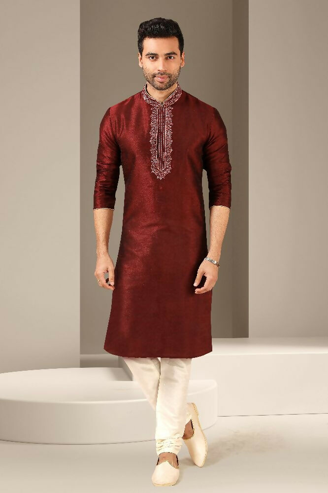 Raivat Ethnic Banarasi Art Silk Thread Work Kurta Pajama In Maroon Colour
