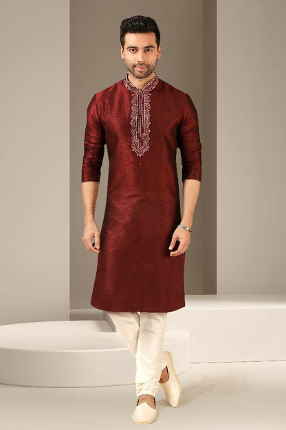 Raivat Ethnic Banarasi Art Silk Thread Work Kurta Pajama In Maroon Colour