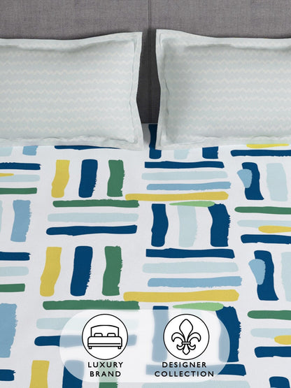 Story@home Arena White & Blue Geometric Printed 180 TC Queen Bedsheet & 2 Pillow Covers