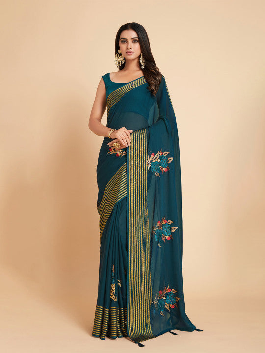 Sangria Green & Gold-Toned Embellished Pure Chiffon Saree