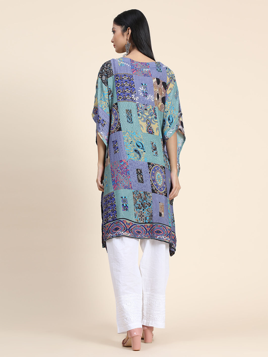 HOUSE OF KARI Ethnic Motifs Printed Notched Neck Chikankari Embroidery Cotton Kaftan Kurta