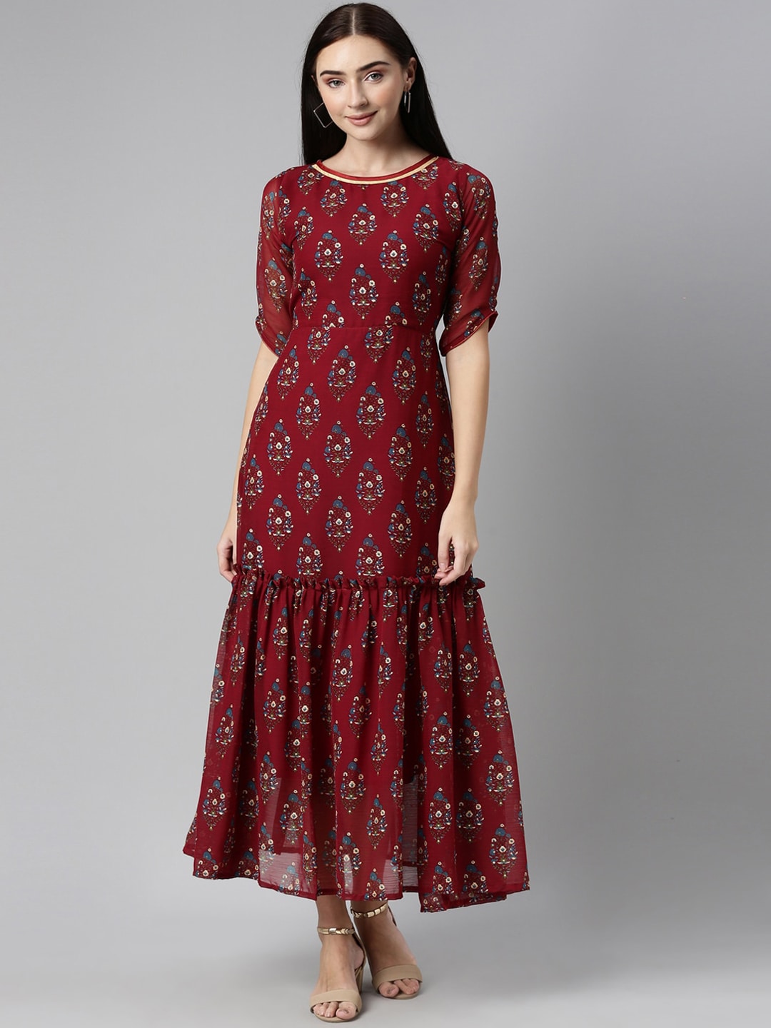 Souchii Maroon & Blue Ethnic Motifs Chiffon Maxi Dress