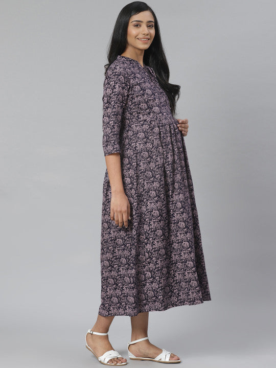 Anayna Women Navy Blue & Pink Printed Pure Cotton Maternity A-Line Dress