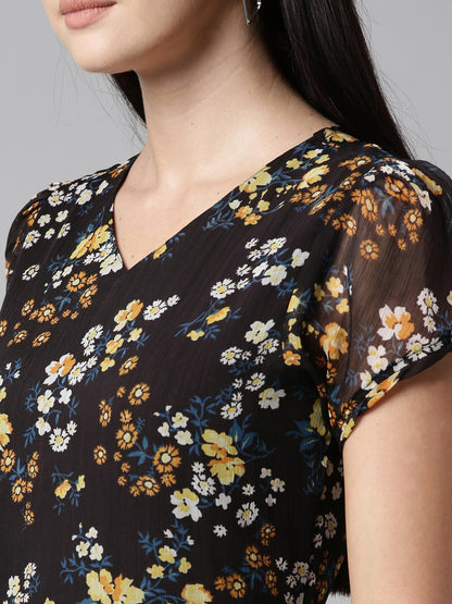 Souchii Black Floral Chiffon Maxi Dress