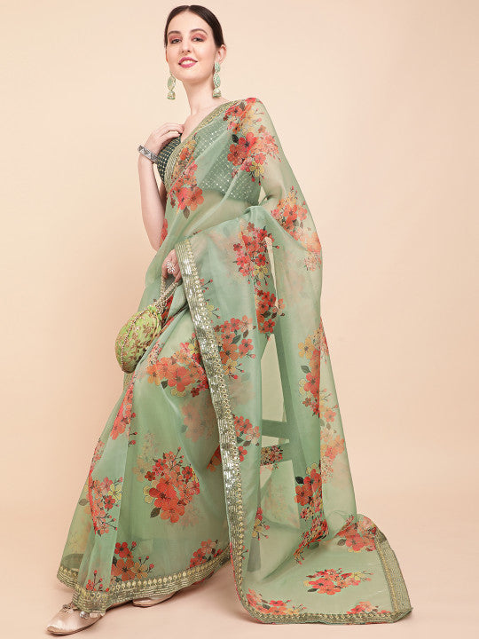 Sangria Olive Green & Red Floral Printed Organza Saree With Sequinned Blouse piece