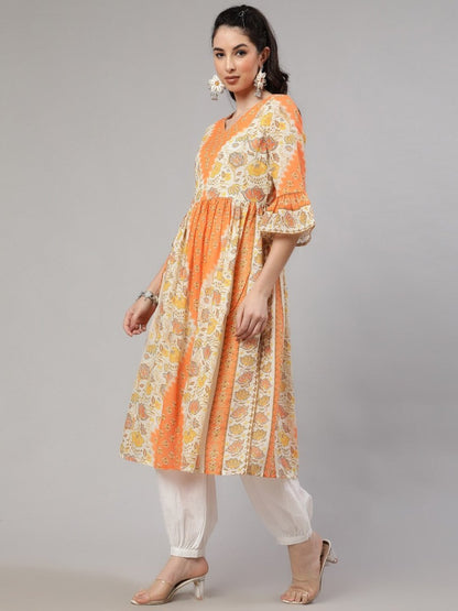 Aks Floral Printed V-Neck Bell Sleeves Pleated Cotton Kurta