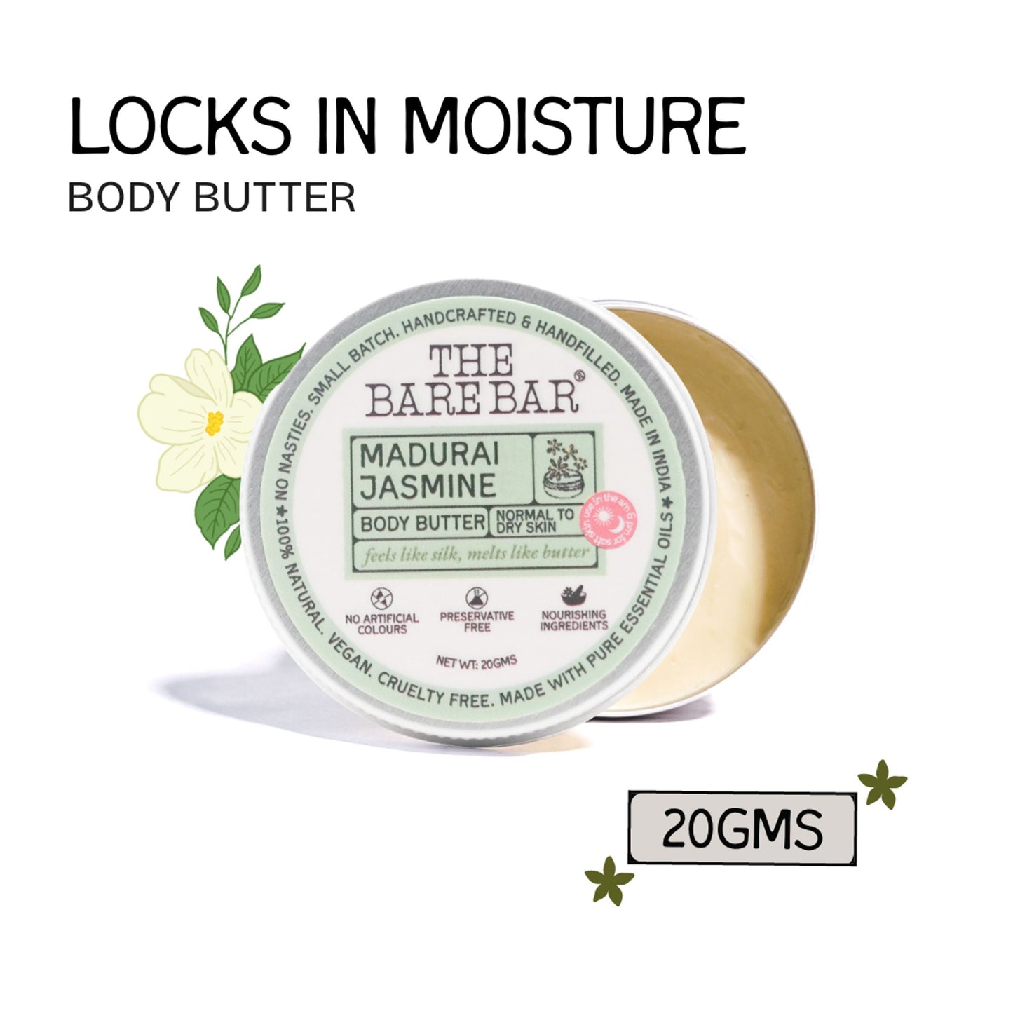 The Bare Bar Madurai Jasmine Body Butter - Floral Moisturizer For Smooth, Radiant Skin