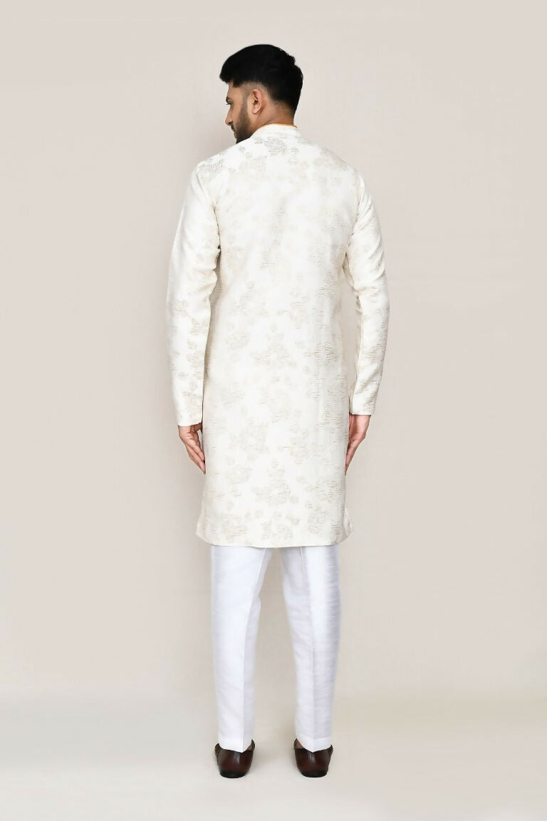 Joban Fashion Cream Colored Jacquard Silk Fabric Kurta With Straight Fit Pant