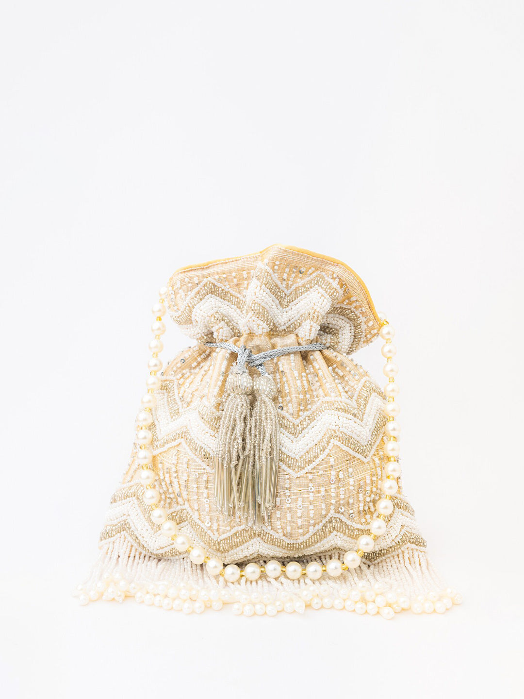 NR By Nidhi Rathi Cream-Coloured & Gold-Toned Embellished Potli Clutch