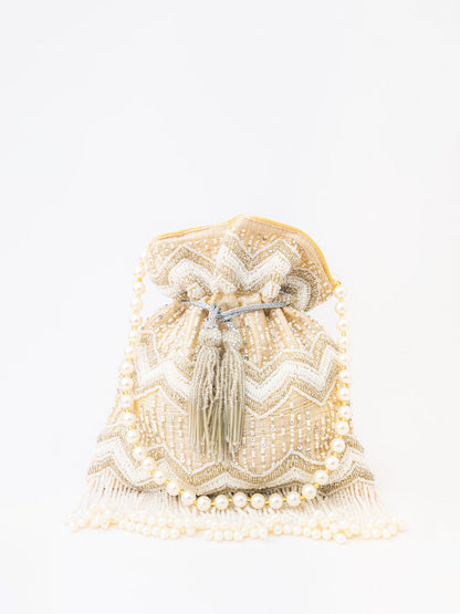 NR By Nidhi Rathi Cream-Coloured & Gold-Toned Embellished Potli Clutch