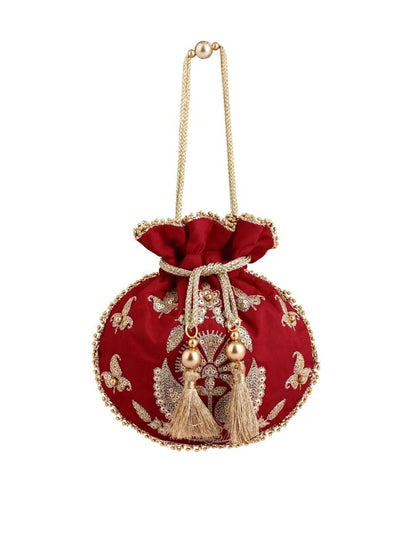 Masq Red & Gold-Toned Embellished Embroidered Potli Clutch