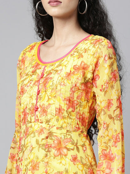 Souchii Yellow Floral Layered Chiffon A-Line Midi Dress
