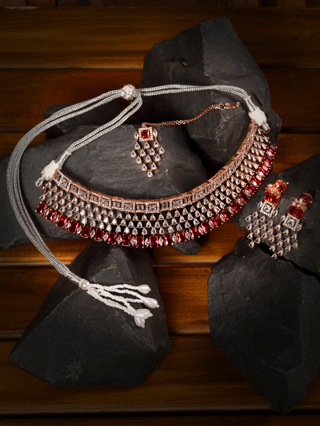 Saraf RS Jewellery Rose Gold-Polished & Red AD & CZ-Studded Contemporary Jewellery Set