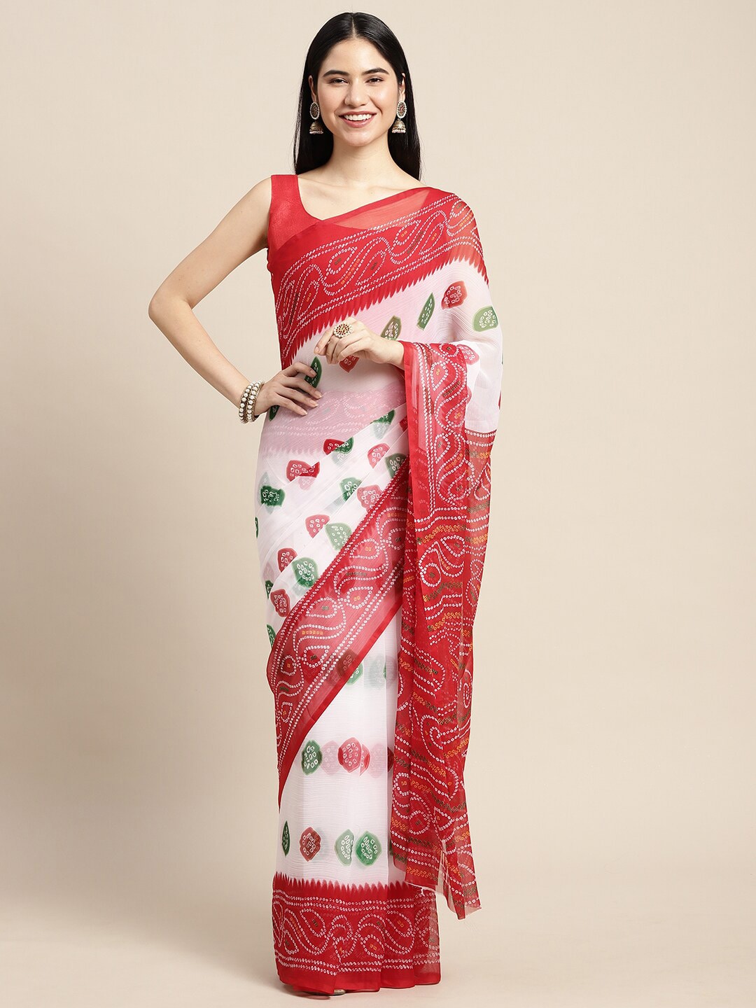 Saree Mall White & Red Printed Bandhani Sarees