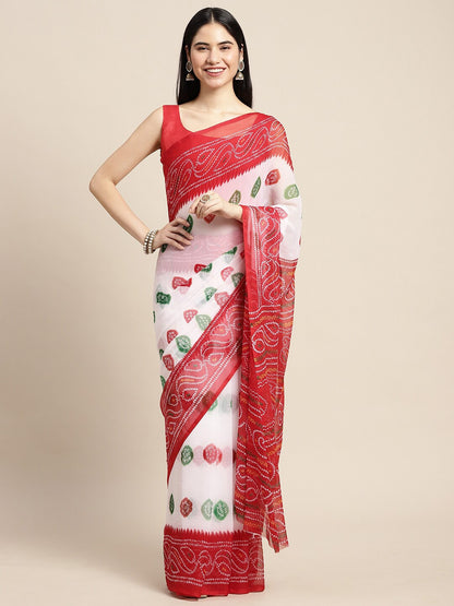Saree Mall White & Red Printed Bandhani Sarees