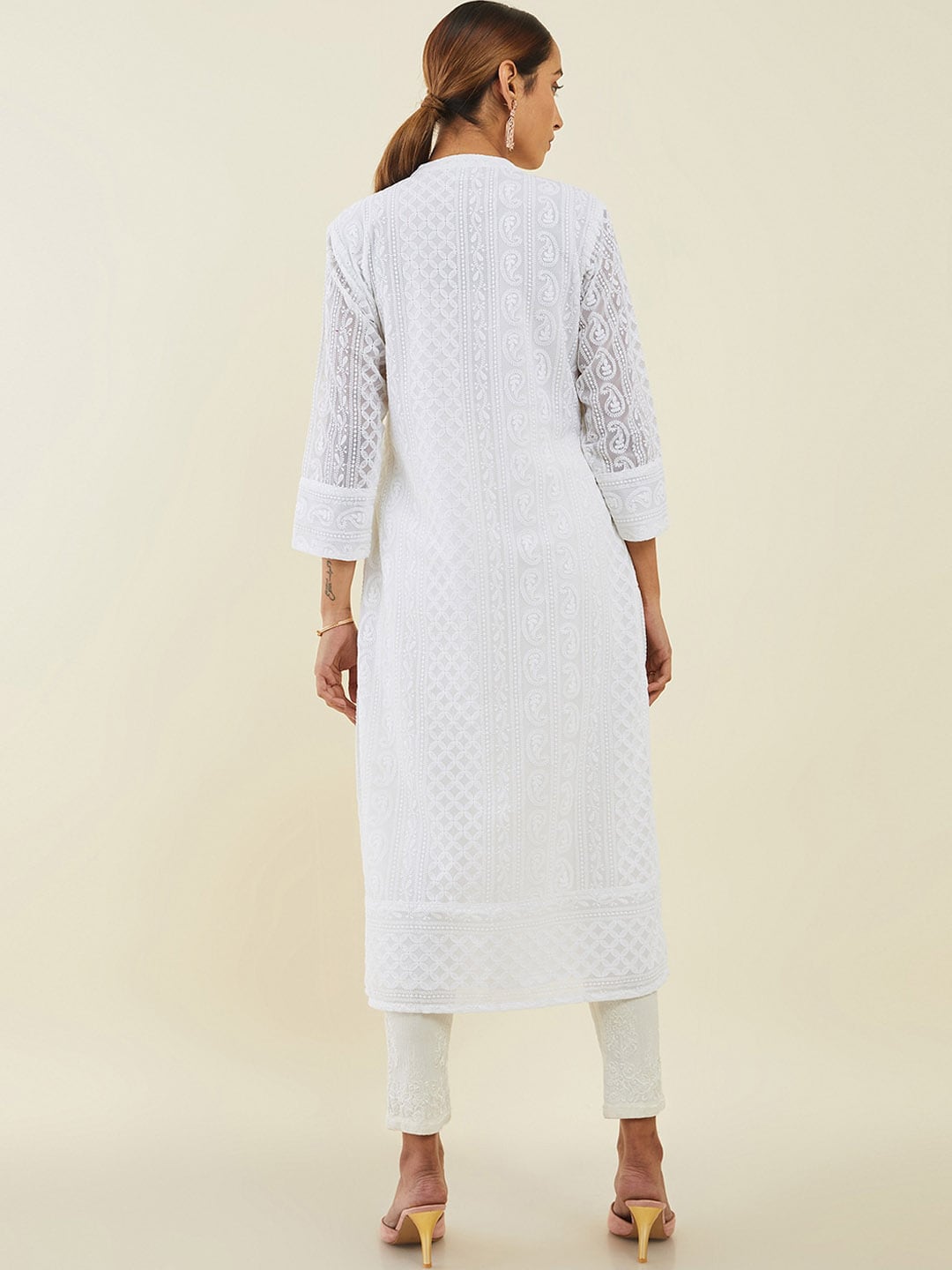 Soch White Ethnic Motifs Embroidered Mandarin Collar Georgette Kurta