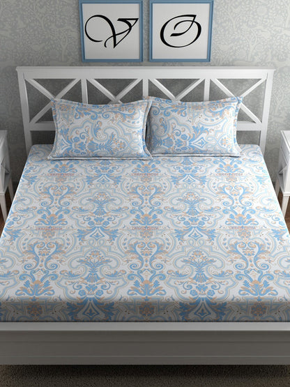 CHHAVI INDIA Blue & White Ethnic Motifs 210 TC King Bedsheet with 2 Pillow Covers
