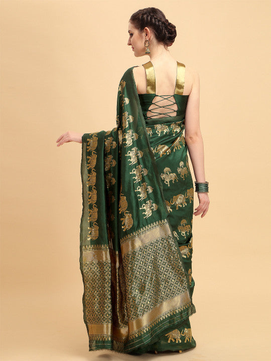 Sangria Green & Golden Ethnic Motifs Zari Silk Blend Heavy Work Banarasi Saree