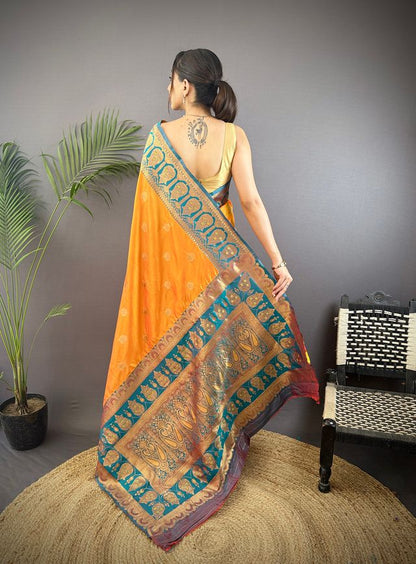 Elora Orange Soft Silk Butti Zari Weaving Constrast Pallu Banarasi Saree