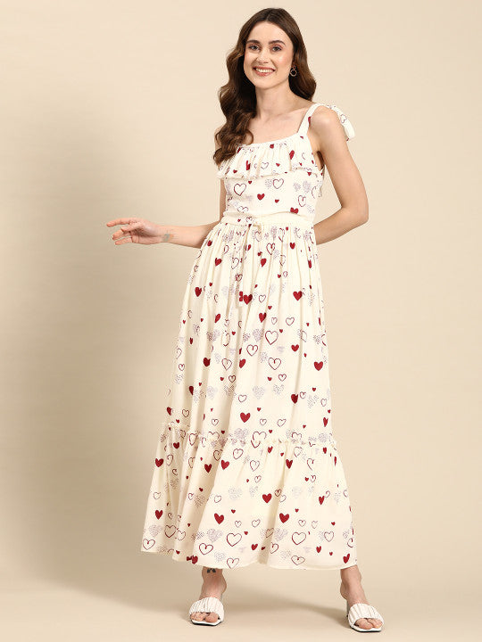 Anayna Conversational Print Crepe A-Line Tiered Maxi Dress