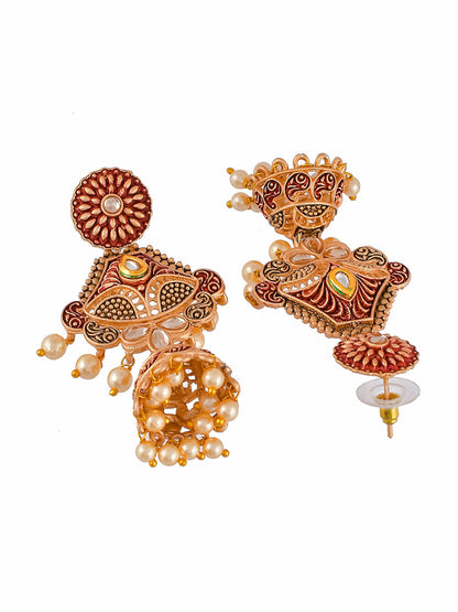 Shoshaa Maroon & Gold-Toned & Plated Contemporary Antique Jhumkas Earrings