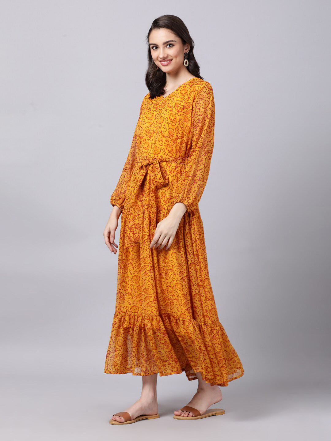 Souchii Yellow Floral Layered Chiffon Maxi Dress