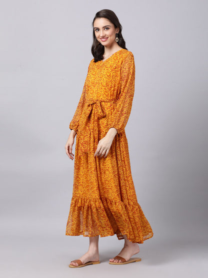 Souchii Yellow Floral Layered Chiffon Maxi Dress