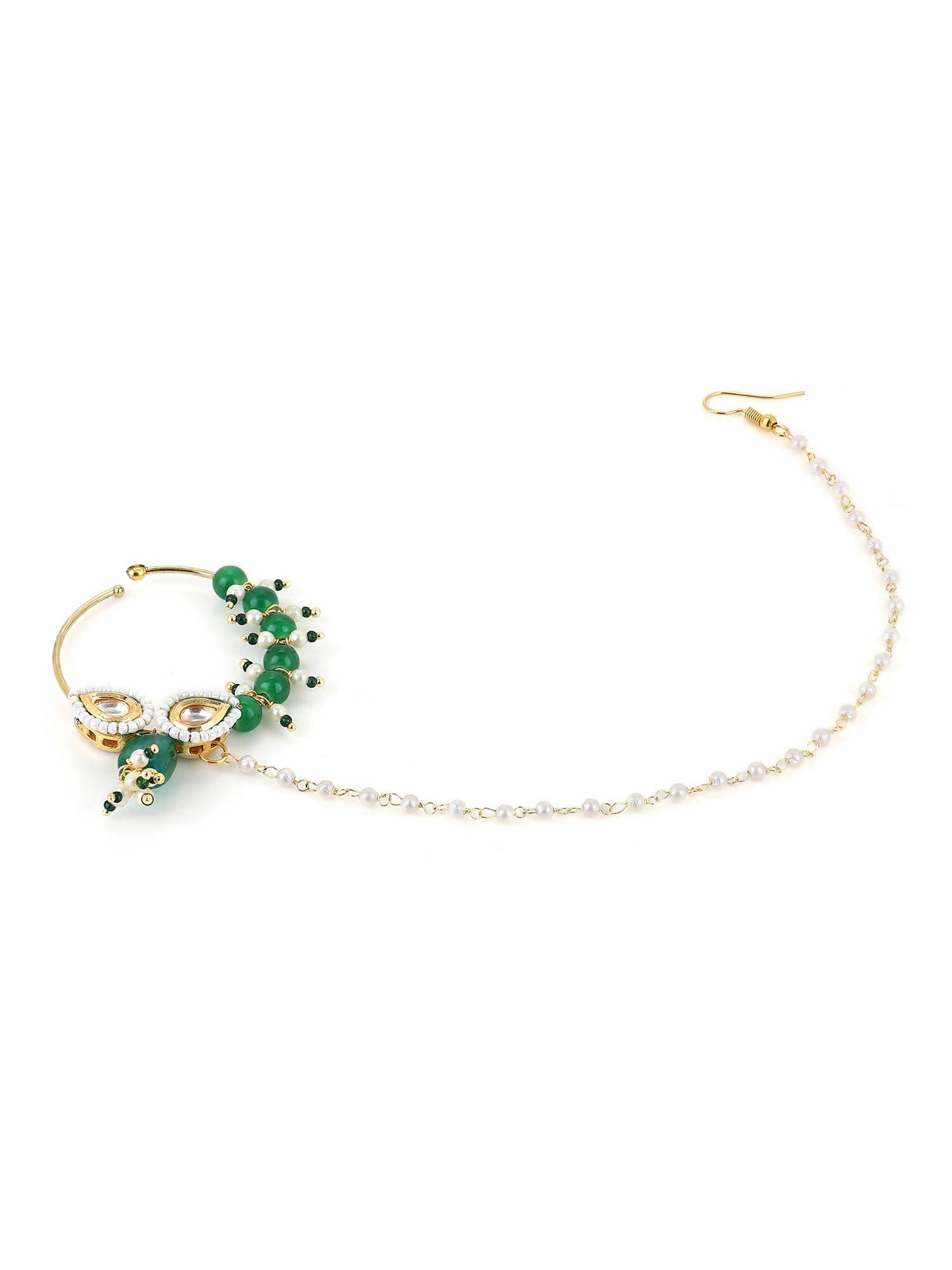 Gold-Polished White Green Kundan Studded Beaded Chain Nose Pin - Ruby Raang