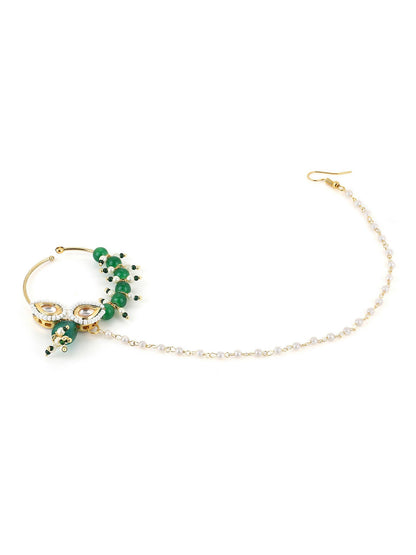 Gold-Polished White Green Kundan Studded Beaded Chain Nose Pin - Ruby Raang